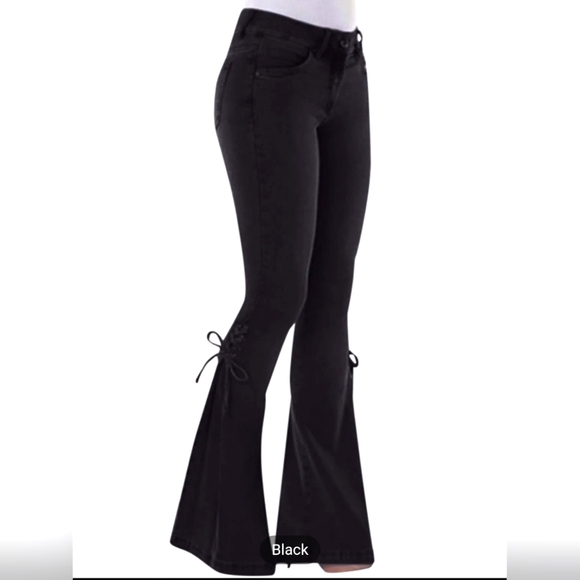 Women's Black Bell Bottom Stretchy Jeans with Lace-Up Bottoms - Picture 5 of 5